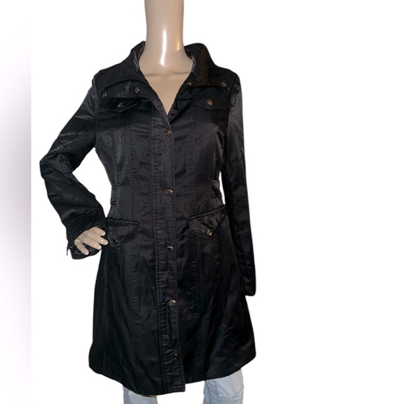 Guess Long Trench Coat Black Button-Up Single Breasted Long Sleeve size Large - Picture 1 of 8